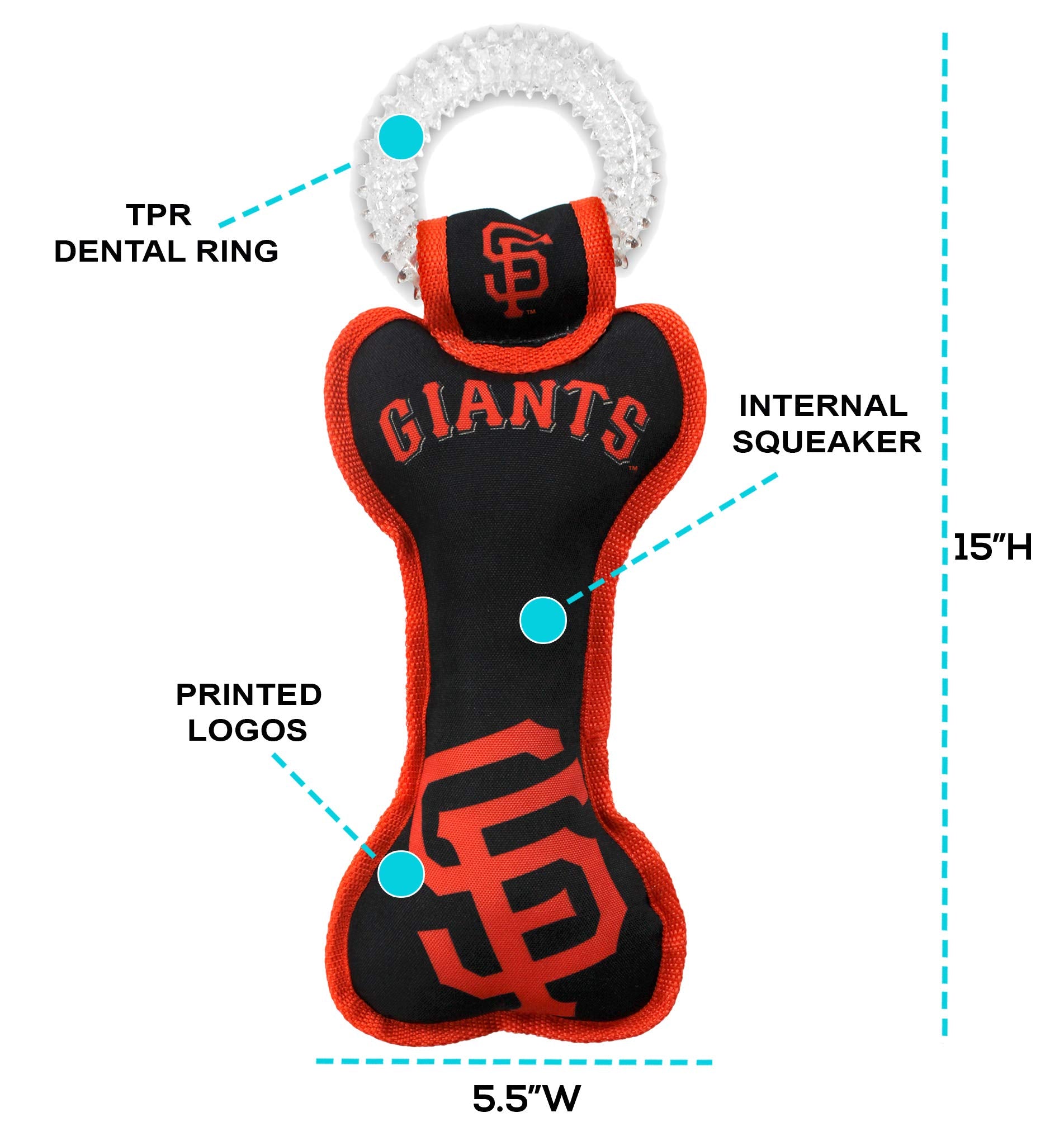 Mlb San Francisco Giants Bone Shaped Dental Dog Tug Toy With Squeaker. Tough Pet Toy For Healthy Fun, Teething, And Cleaning Pet
